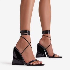 Black lace up strappy heeled sandal